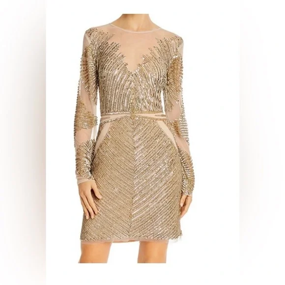 aidan mattox gold cocktail dress Aidan Mattox Foiled Mikado Split Highneck Sheath Dress